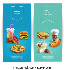 Vertical cartoon banners set with delicious fast food dishes on colorful background isolated vector illustration
