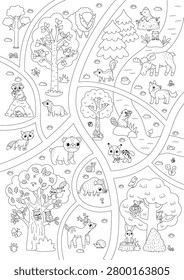 Vertical cartoon black and white forest map with animals. Nature woodland line landscape with trees, plants, birds, insects, bear, fox, elk, bison. Wildlife background scene, coloring page with stream
