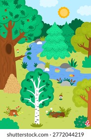 Vertical cartoon forest background. Empty nature woodland landscape with trees, plants, stream, bushes, acorn, birch, fir tree. Wild thicket scene with anthill, mushrooms, river, log, stump
