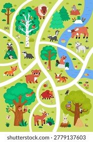 Vertical cartoon forest map with animals. Nature woodland landscape with trees, plants, birds, insects, bear, fox, elk, bison. Wildlife background scene with stream, beaver, frog, raccoon

