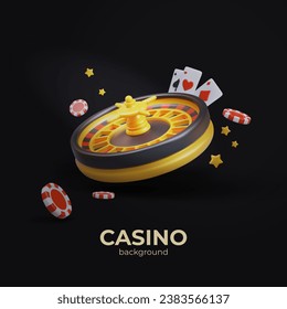 Vertical casino advertising with black background. Vector floating roulette, playing cards, poker chips, golden stars. Concept of risk, gain. Online gambling, bets on money