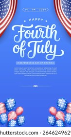 Vertical Celebrate Independence Day with a festive patriotic arrangement, showcasing American themed balloons on a vibrant blue backdrop and spirit of the Fourth of July.