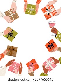 Vertical celebration background with space for text. Female hands holding various gift boxes wrapped in decorative paper. Festive banner for Happy New Year, Valentine's Day, Birthday or Sale designs.