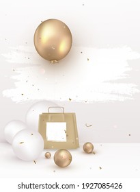 Vertical celebration template with helium balloon, gift, package.Scene mockup. Anniversary. Happy birthday greeting card, template for sales, promotion, invitation.Vector.