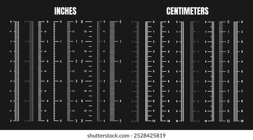 Vertical centimeter and inch scale for measuring length or height. Various measurement scales with divisions. Ruler, tape measure marks, size indicators. Vector illustration