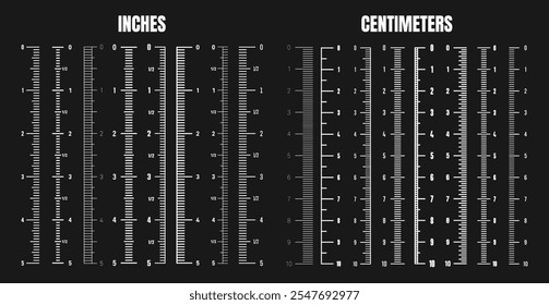 Vertical centimeter and inch scale for measuring length or height. Various measurement scales with divisions. Ruler, tape measure marks, size indicators. Vector illustration