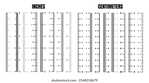 Escala vertical de centímetro e polegada para medir comprimento ou altura. Várias escalas de medida com divisões. Régua, marcas de medida de fita, indicadores de tamanho. Ilustração vetorial
