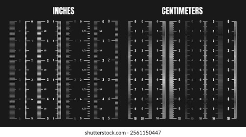 Vertical centimeter and inch scale for measuring length or height. Various measurement scales with divisions. Ruler, tape measure marks, size indicators. Vector illustration