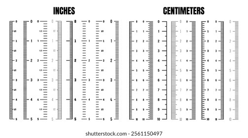 Vertical centimeter and inch scale for measuring length or height. Various measurement scales with divisions. Ruler, tape measure marks, size indicators. Vector illustration