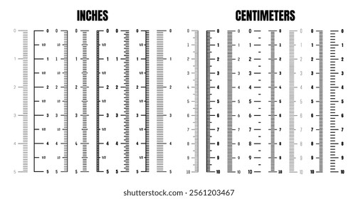 Vertical centimeter and inch scale for measuring length or height. Various measurement scales with divisions. Ruler, tape measure marks, size indicators. Vector illustration