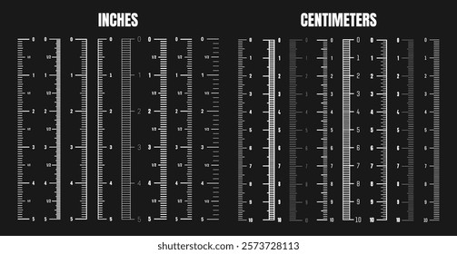 Vertical centimeter and inch scale for measuring length or height. Various measurement scales with divisions. Ruler, tape measure marks, size indicators. Vector illustration