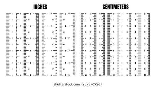 Vertical centimeter and inch scale for measuring length or height. Various measurement scales with divisions. Ruler, tape measure marks, size indicators. Vector illustration