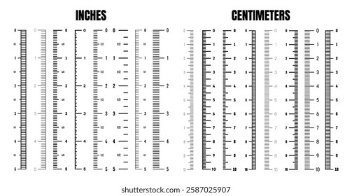 Vertical centimeter and inch scale for measuring length or height. Various measurement scales with divisions. Ruler, tape measure marks, size indicators. Vector illustration