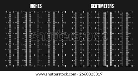 Vertical centimeter and inch scale for measuring length or height. Various measurement scales with divisions. Ruler, tape measure marks, size indicators. Vector illustration