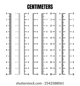 Vertical centimeter scale for measuring length or height. Various measurement scales with divisions. Ruler, tape measure marks, size indicators. Vector illustration