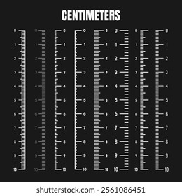 Vertical centimeter scale for measuring length or height. Various measurement scales with divisions. Ruler, tape measure marks, size indicators. Vector illustration