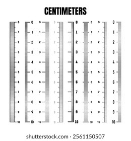 Vertical centimeter scale for measuring length or height. Various measurement scales with divisions. Ruler, tape measure marks, size indicators. Vector illustration