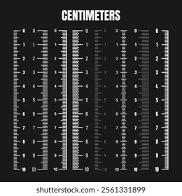 Vertical centimeter scale for measuring length or height. Various measurement scales with divisions. Ruler, tape measure marks, size indicators. Vector illustration