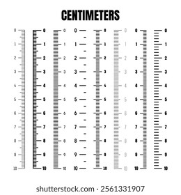 Vertical centimeter scale for measuring length or height. Various measurement scales with divisions. Ruler, tape measure marks, size indicators. Vector illustration