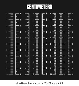 Vertical centimeter scale for measuring length or height. Various measurement scales with divisions. Ruler, tape measure marks, size indicators. Vector illustration