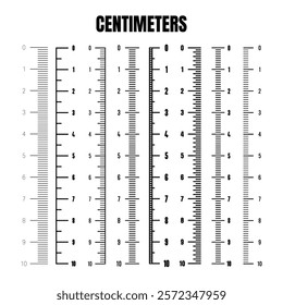 Vertical centimeter scale for measuring length or height. Various measurement scales with divisions. Ruler, tape measure marks, size indicators. Vector illustration