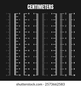 Vertical centimeter scale for measuring length or height. Various measurement scales with divisions. Ruler, tape measure marks, size indicators. Vector illustration