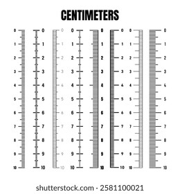 Vertical centimeter scale for measuring length or height. Various measurement scales with divisions. Ruler, tape measure marks, size indicators. Vector illustration