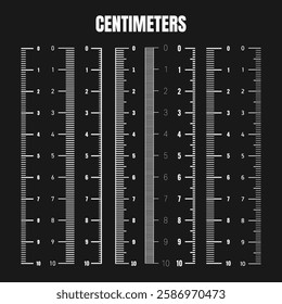 Vertical centimeter scale for measuring length or height. Various measurement scales with divisions. Ruler, tape measure marks, size indicators. Vector illustration