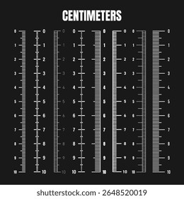 Vertical centimeter scale for measuring length or height. Various measurement scales with divisions. Ruler, tape measure marks, size indicators. Vector illustration