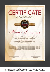 Vertical certificate achievement or diploma template with geometric modern background. Vector illustration.