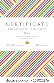 Vertical certificate of completion (template) with colorful stripy pattern and place for text. Design usable for diploma, invitation, gift voucher, coupon, official, ticket or different awards. Vector