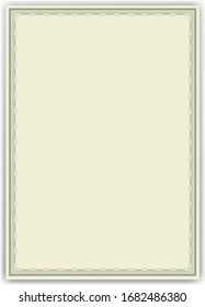 Vertical  certificate of completion template with guilloche pattern (watermarks) for diploma, invitation, gift voucher, coupon, official or different awards. Green guilloche vector border