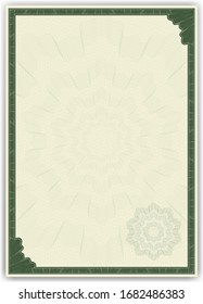 Vertikales Abschlusszertifikat mit Gilloche Muster (Wasserzeichen) für Diplom, Einladung, Geschenkgutschein, Coupon, offizielle oder andere Auszeichnungen. Grüne Guilloche-Vektorillustration