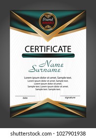 Vertical certificate or diploma template with gold and turquoise decorative elements on white background. Vector illustration.