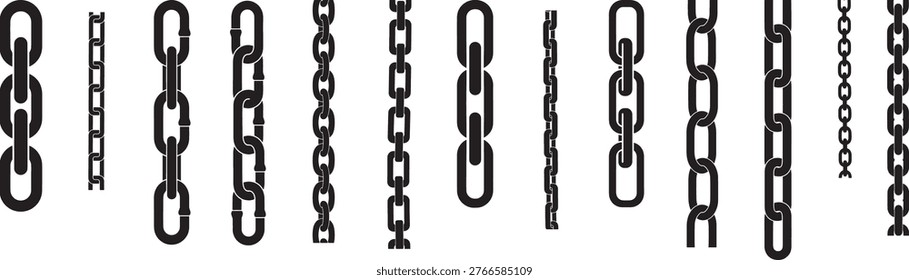 Vertical chains composed of interconnected links collection, solid black with smooth edges diffarent style, symbolic of connection and strength vector design.