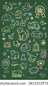 A vertical chalkboard wallpaper featuring reptile vivarium terrariums, avian bird cages, and small mammal housing doodles.