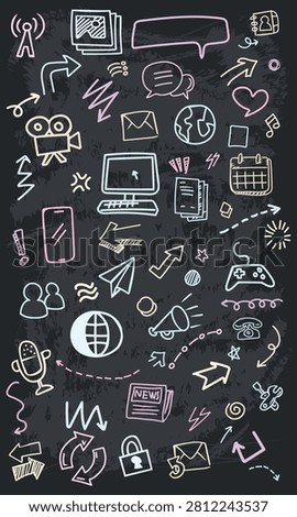 A vertical chalkboard wallpaper focusing on mobile chat communities, user identity, and virtual network connection doodles.