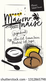 Vertical Charcoal Poster Mayonnaise Sauce and Ingredients. White Chalk background