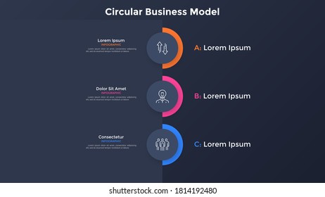 Vertical chart with 3 paper black circular elements placed one below other. Concept of three levels or stages of company development. Minimal infographic design template. Flat vector illustration.