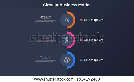Vertical chart with 3 paper black circular elements placed one below other. Concept of three levels or stages of company development. Minimal infographic design template. Flat vector illustration.