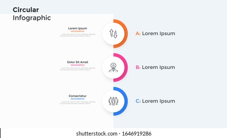 Vertical chart with 3 paper white circular elements placed one below other. Concept of three levels or stages of company development. Minimal infographic design template. Flat vector illustration.