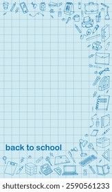 Vertical checkered background with stationery and school supplies.