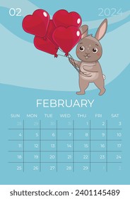 Vertical children calendar 2024. Month of February. Hare is holding a bunch of heart-shaped balloons. A5 format. Vector graphic.