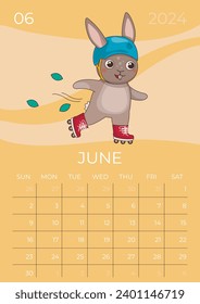 Vertical children calendar 2024. Month of June. Hare in a helmet roller skates. A5 format. Vector graphic.