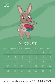 Vertical children calendar 2024. Month of August. Hare eats a juicy watermelon with a spoon. A5 format. Vector graphic.