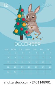 Vertical children calendar 2024. Month of December. Hare stands on a stool and decorates the Christmas tree with balls and a garland. A5 format.