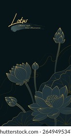 Vertical Chinese style linear lotus illustration with line background