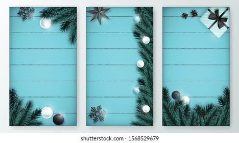 Vertical Christmas background set. New Year design for social media advertising. Realistic pine branches on blue wooden backdrop.