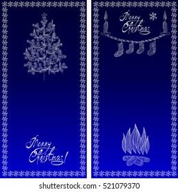 Vertical Christmas banner with doodle pine tree and fireplace with socks. There is the greeting "Merry Christmas" on the blue background.