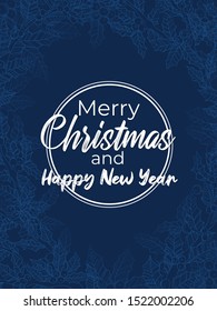 Vertical christmas banner with hand draw line art illustration of ilex or mistletoe with white round banner and text merry x-mas and happy new year. Concept of postcard, greeting card in outline style